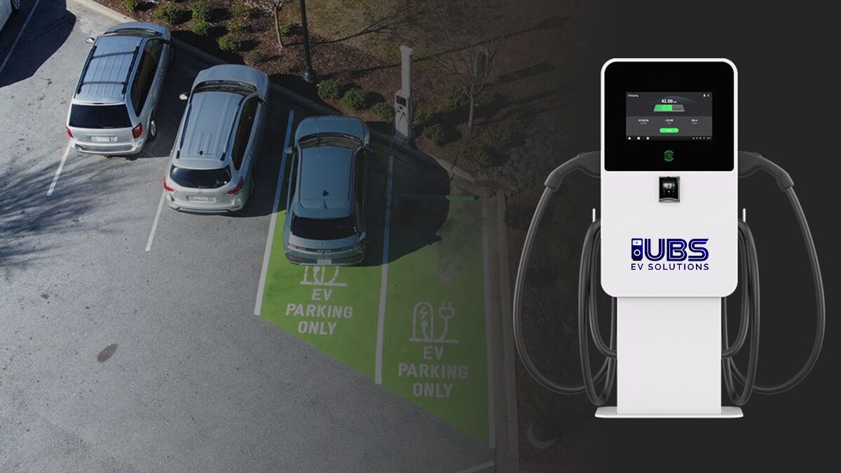 Multiple electric vehicles charging at ev charging stations at a commercial parking lot